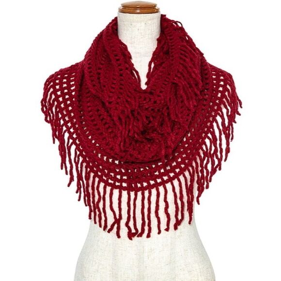 Tayzani Accessories - Knit Infinity Scarf Red Women Fringe Soft Open Wrap Cottagecore Fall Boho NEW